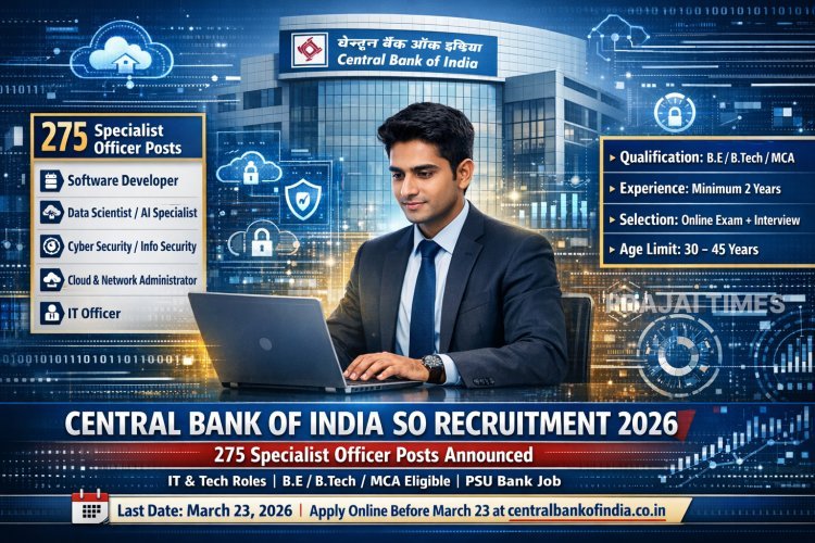 Central Bank of India Recruitment 2026: 275 Specialist Officer Vacancies Announced