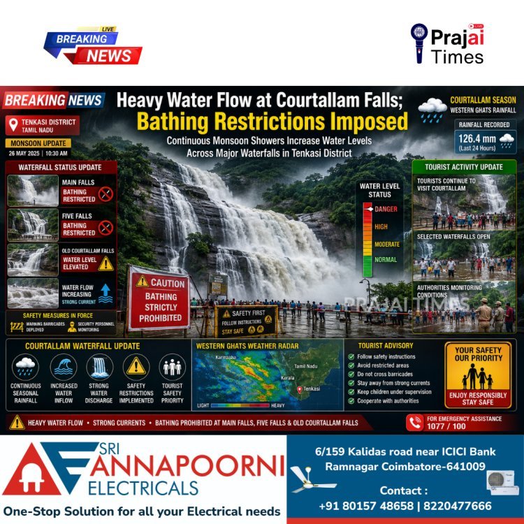 Heavy Water Flow in Courtallam Falls as Continuous Rain Hits Tenkasi; Bathing Restrictions Imposed