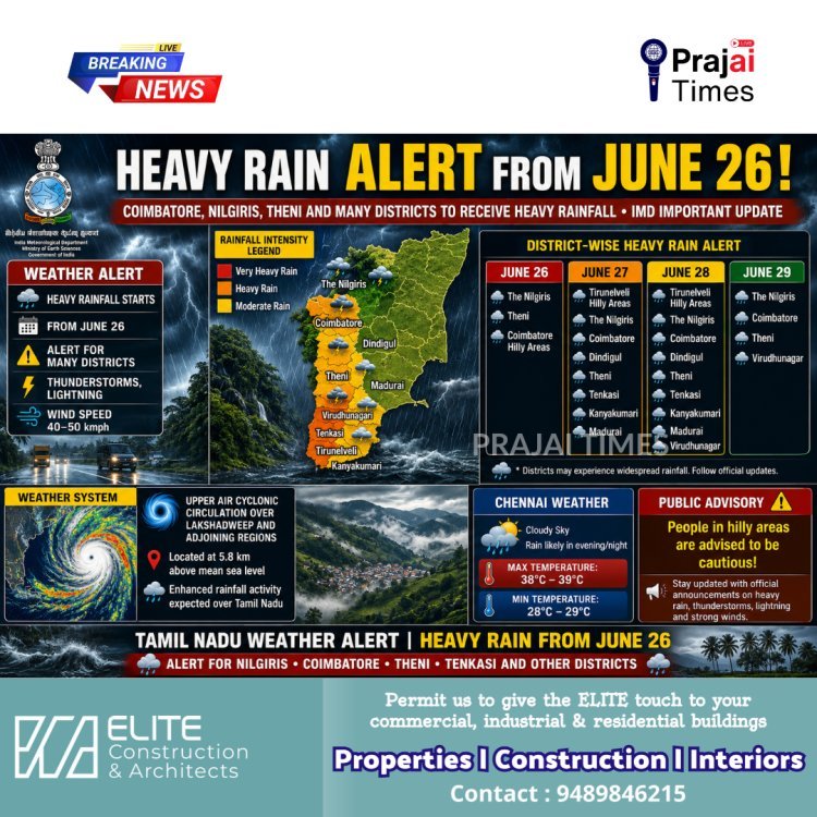 Heavy Rain Likely Across Parts of Tamil Nadu from June 26, Says Weather Department