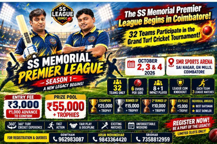 SS Memorial Premier League Season 1 in Coimbatore: 32-Team Turf Cricket Tournament from October 2