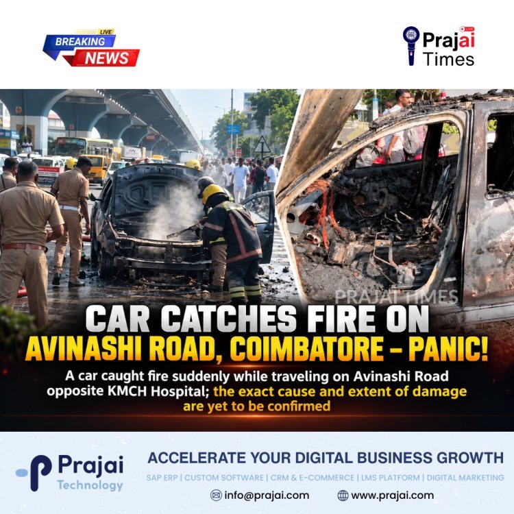 Car Catches Fire on Coimbatore Avinashi Road Near KMCH Hospital, Causing Panic